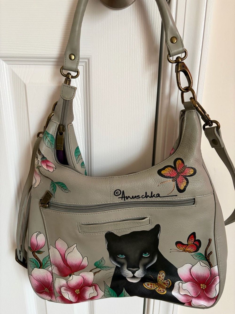 Anuschka Gray Shoulder Bag with Black Panther and Pink Floral Art - Picture 4 of 5